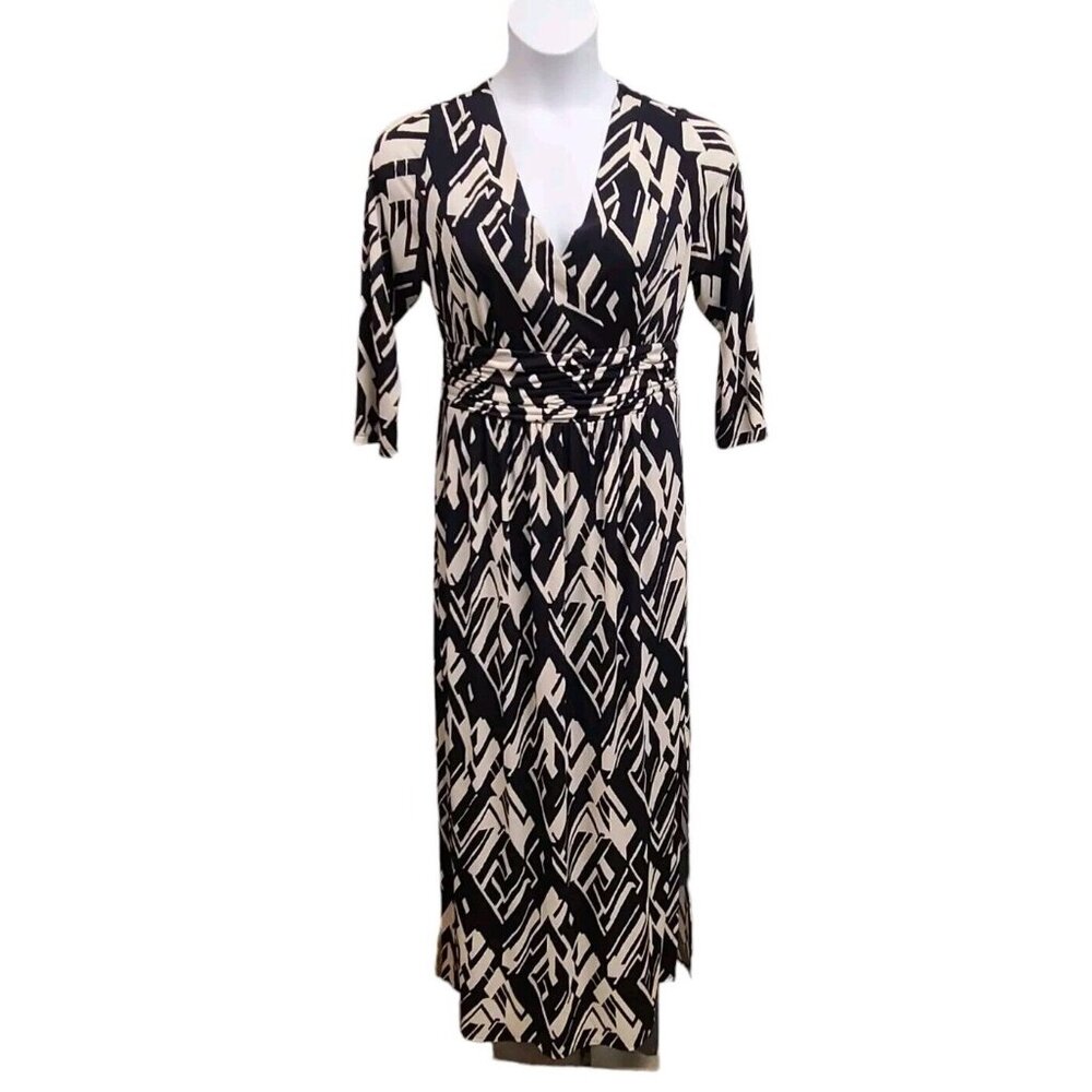Jessica Howard Black and Cream Geometric Wrap Maxi Dress